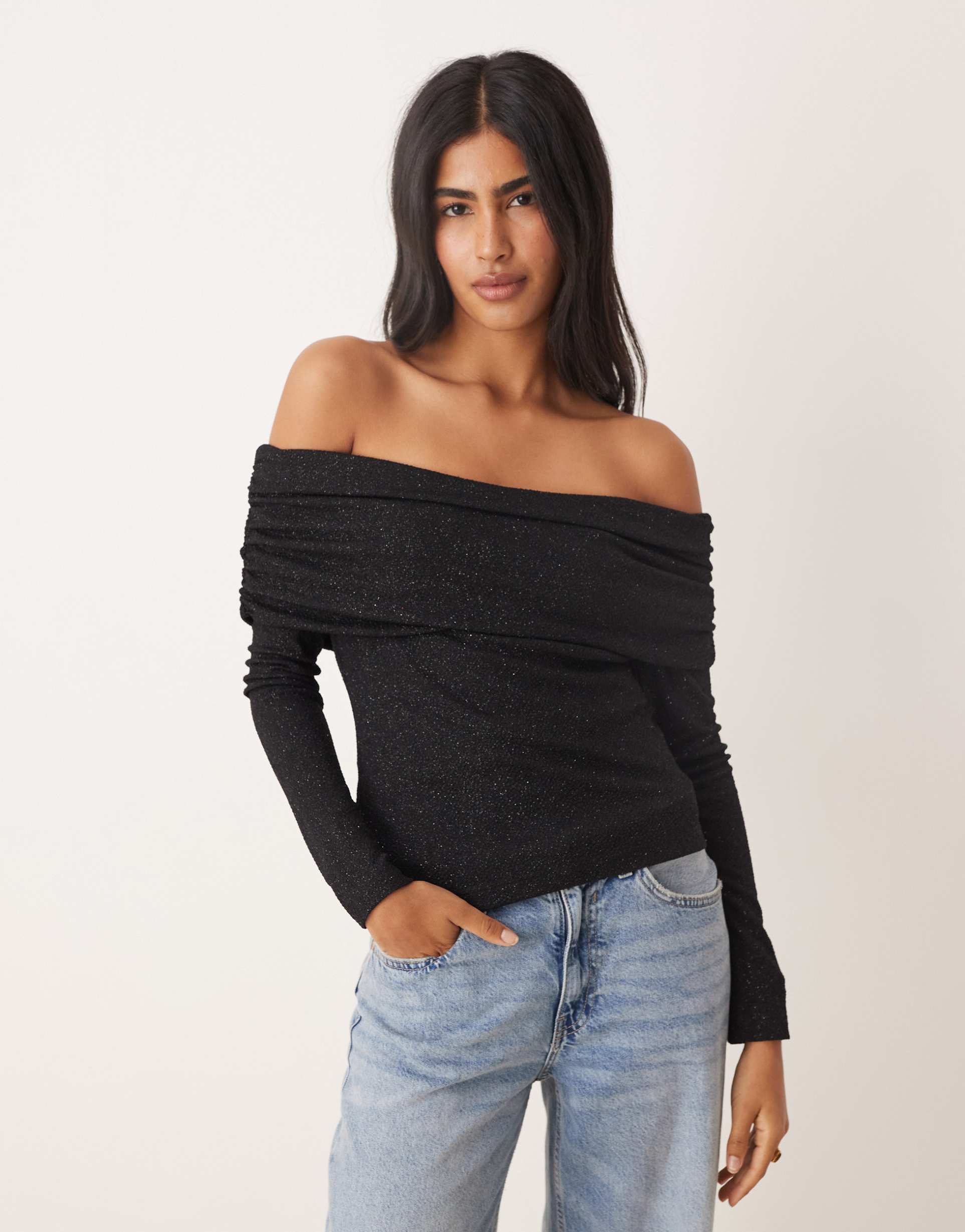 pretty lavish bardot jersey top in black