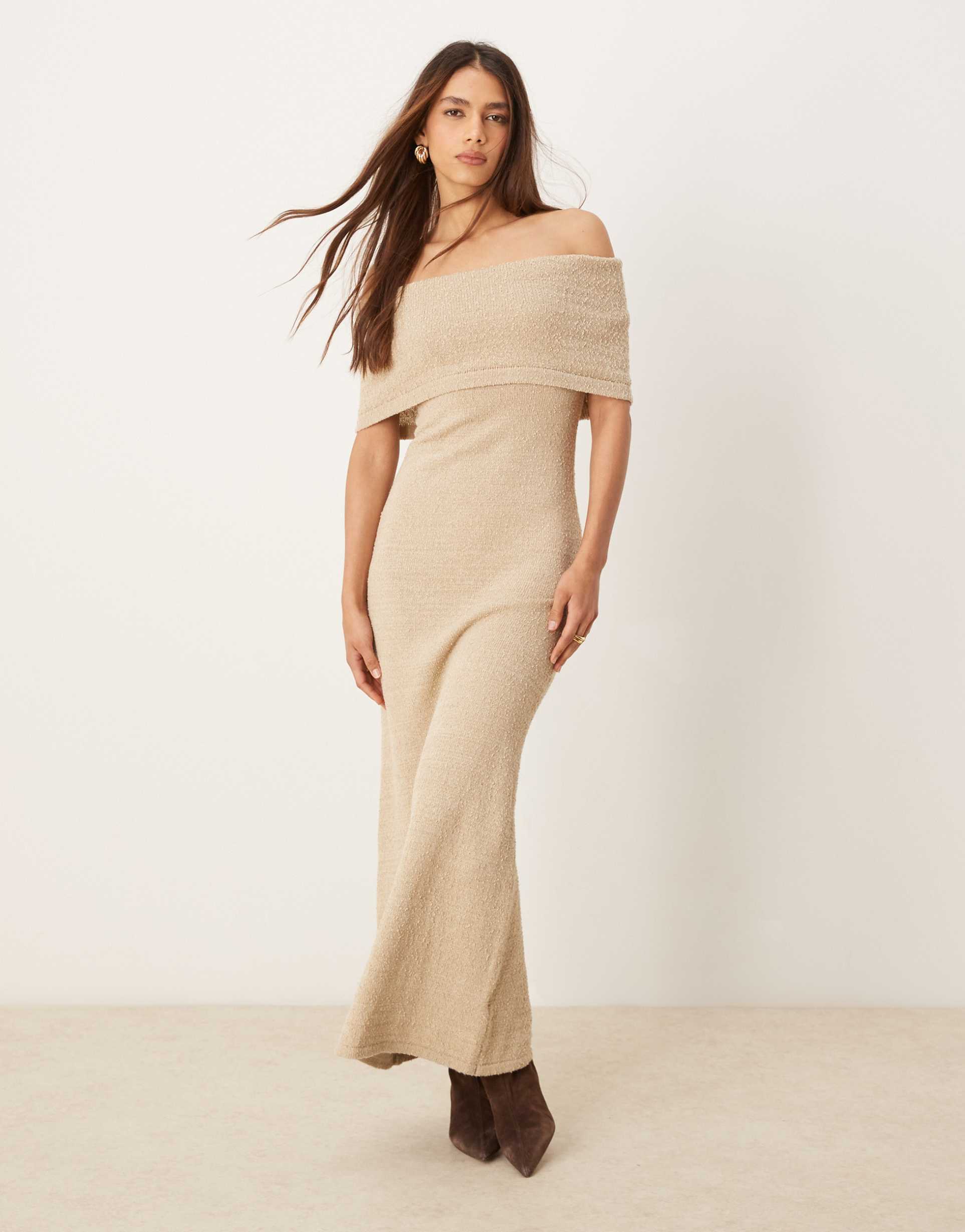 pretty lavish bardot knit midaxi dress in stone