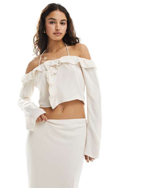 Pretty Lavish bardot ruffle top in cream - part of a set