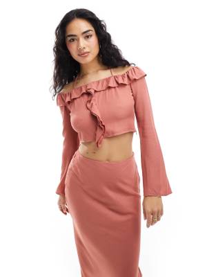 bardot ruffle top in terracotta - part of a set-Orange