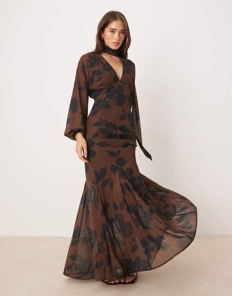 Pretty Lavish batwing scarf maxi dress in chocolate abstract - view 1