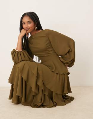 Beatris lace up back ruffle maxi dress in deep olive-Green