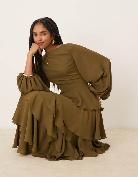 Pretty Lavish Beatris lace up back ruffle maxi dress in deep olive - view 1