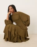 [Pretty Lavish] Pretty Lavish Beatris lace up back ruffle maxi dress in deep olive-Green 12 Olive