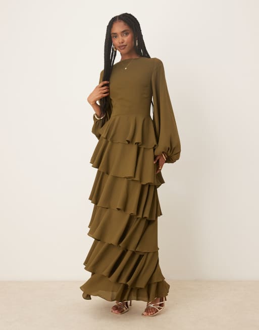 Pretty Lavish Beatris lace up back ruffle maxi dress in deep olive