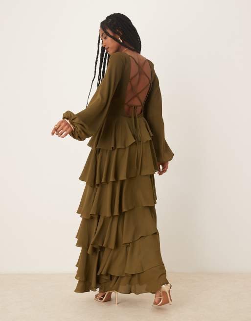 Pretty Lavish Beatris lace up back ruffle maxi dress in deep olive