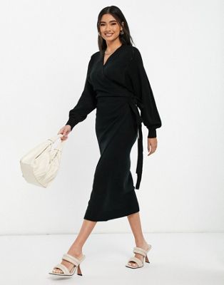 Robes Pretty Lavish - Beau - Robe portefeuille en maille nouée à la taille - Noir
