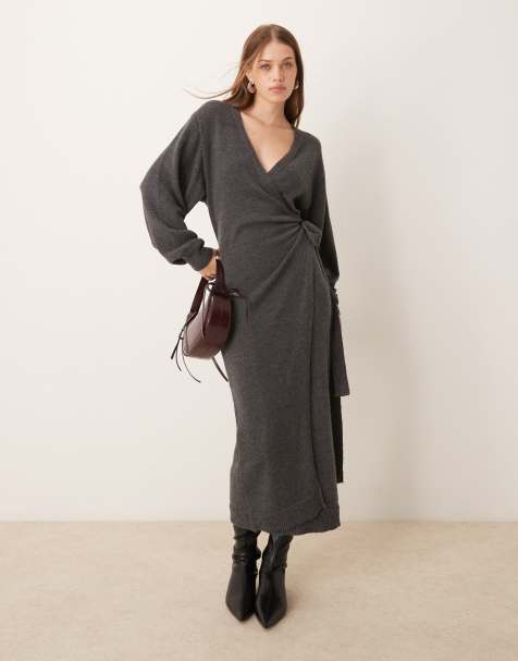 Pretty Lavish - Beau - Vestito avvolgente in maglia antracite con gonna al polpaccio - view 1