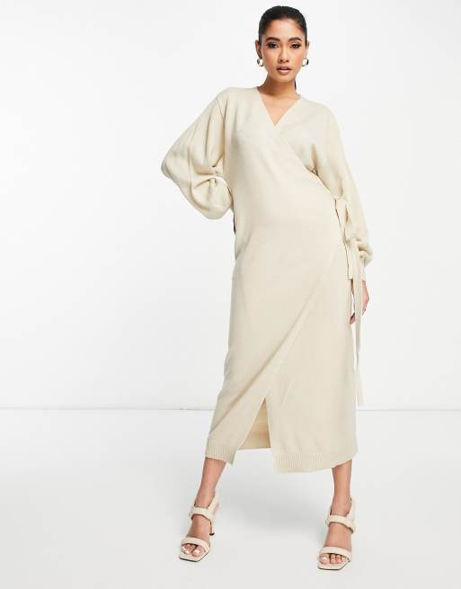 Pretty Lavish Beau wrap knit dress with tie waist in beige | ASOS