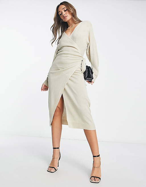 Pretty Lavish Beau wrap knit dress with tie waist in beige | ASOS