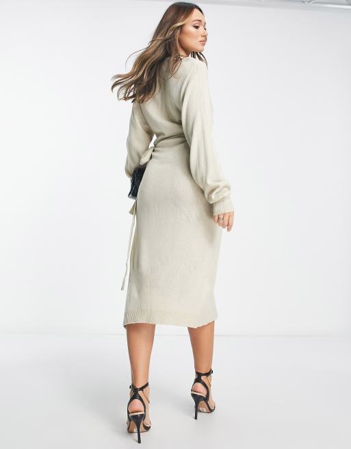Pretty Lavish Beau wrap knit dress with tie waist in beige | ASOS
