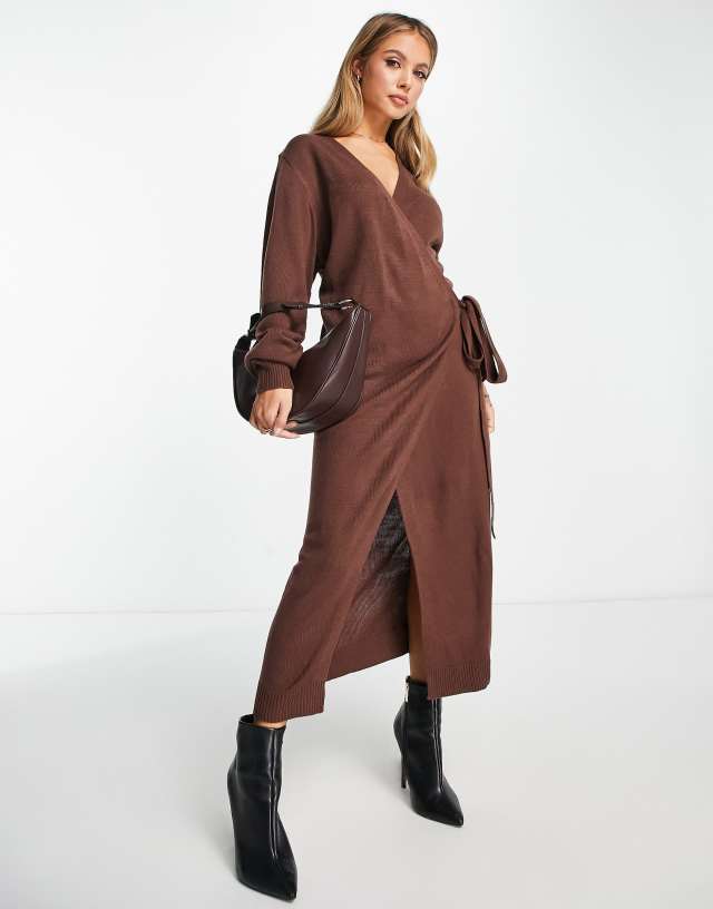 Pretty Lavish Beau wrap knit dress with tie waist in chocolate