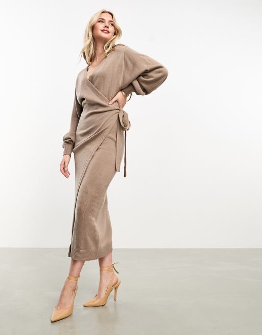 Pretty Lavish Beau wrap knit dress with tie waist in mocha | ASOS