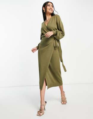 Pretty Lavish Beau wrap knit dress with tie waist in olive green | ASOS