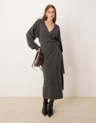 Beau wrap knit midaxi dress in charcoal-Gray