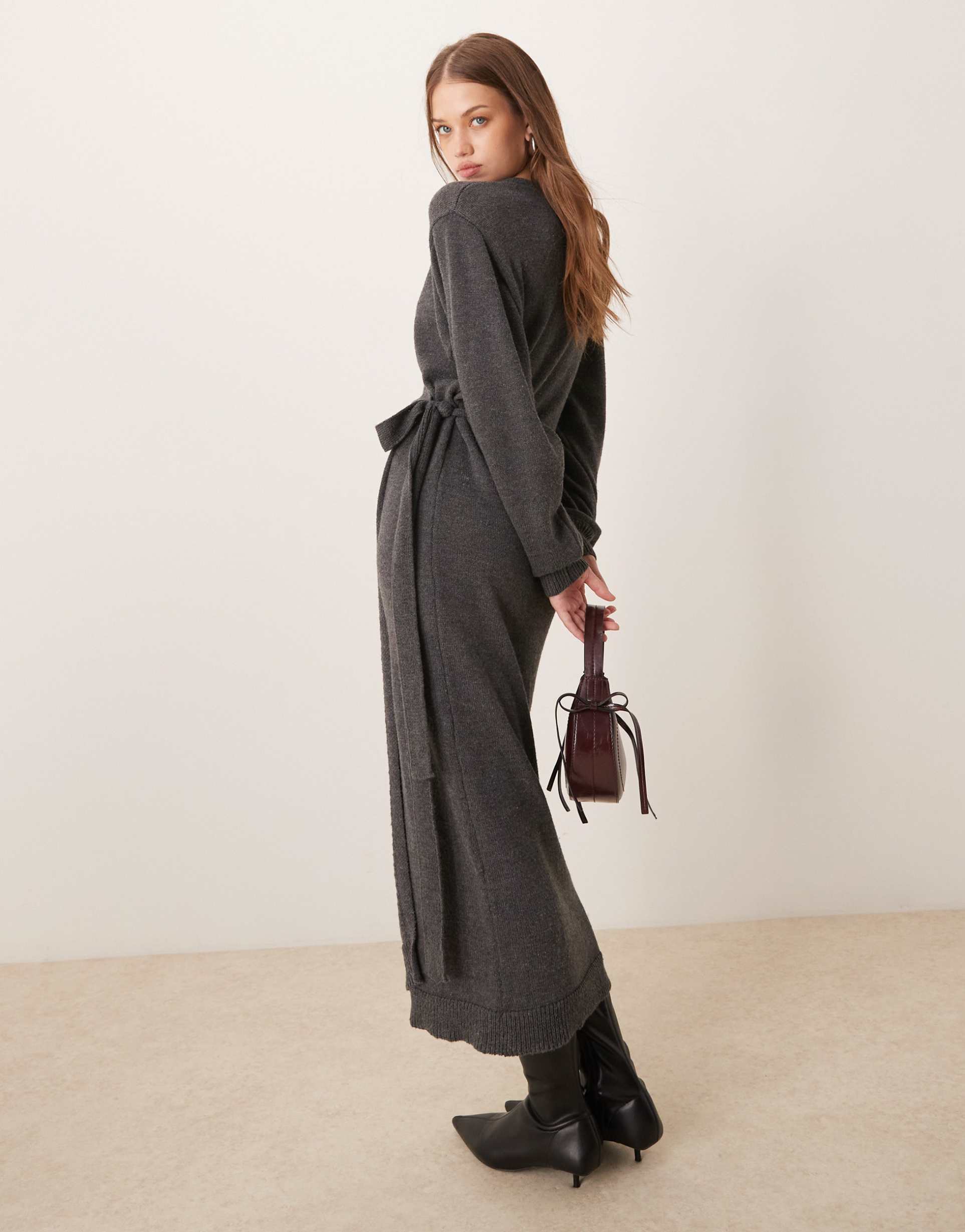 pretty lavish beau wrap knit midaxi dress in charcoal