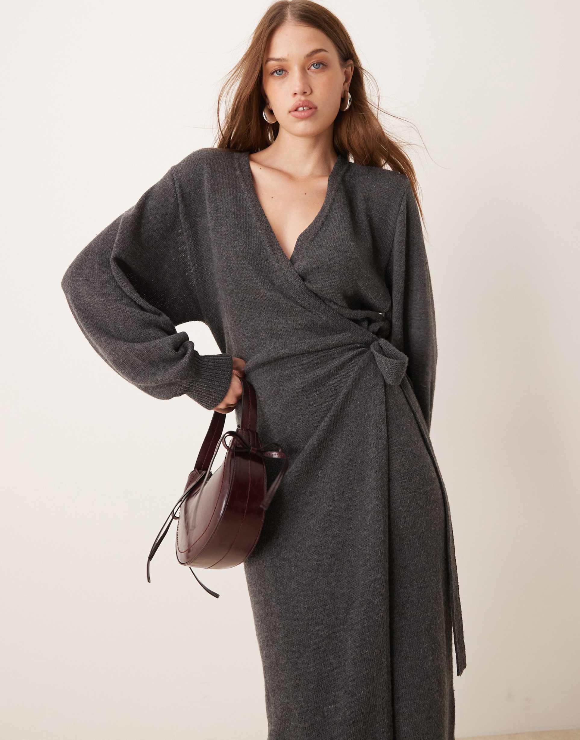 pretty lavish beau wrap knit midaxi dress in charcoal