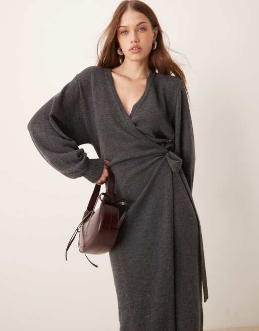 Pretty Lavish Beau wrap knit midaxi dress in charcoal, 3 of 4