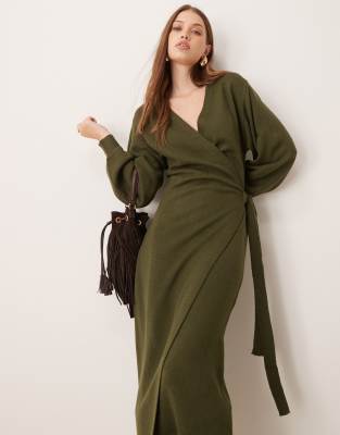 Beau wrap knit midaxi dress in olive-Green