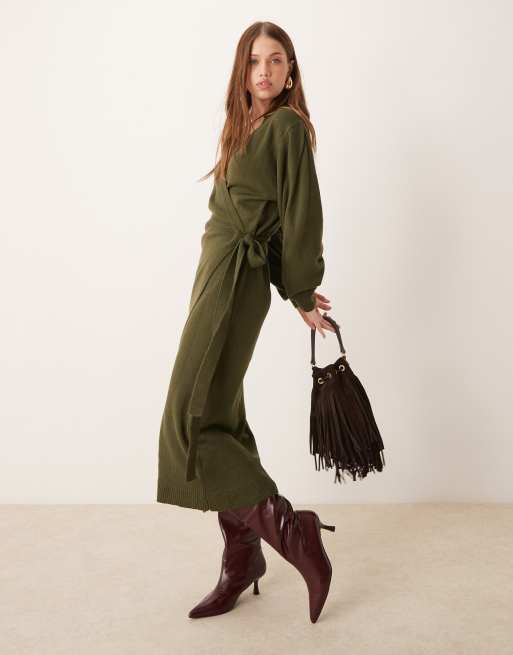 Pretty Lavish Beau wrap knit midaxi dress in olive | ASOS