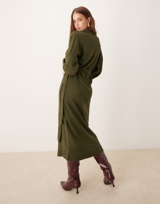 Pretty Lavish Beau wrap knit midaxi dress in olive | ASOS