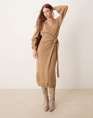 Beau wrap knit midaxi dress in soft brown