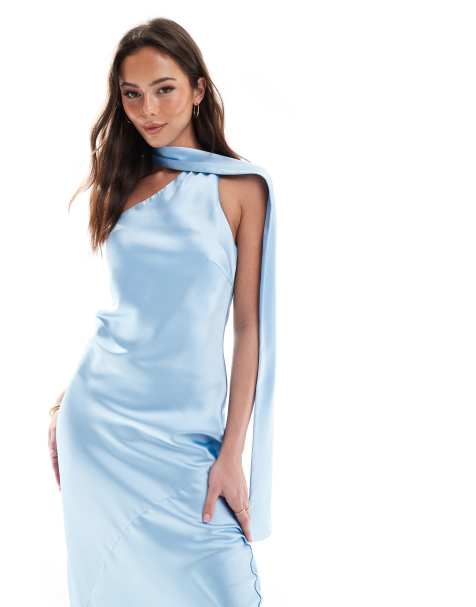 Pretty Lavish one shoulder scarf midaxi dress in sky blue