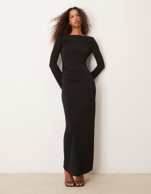 bell sleeve slash neck maxi dress in black