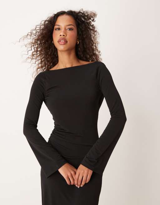 New slash neck long trumpet sleeve t-shirt