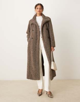 Pretty Lavish Belted Boucle Wrap Coat In Brown