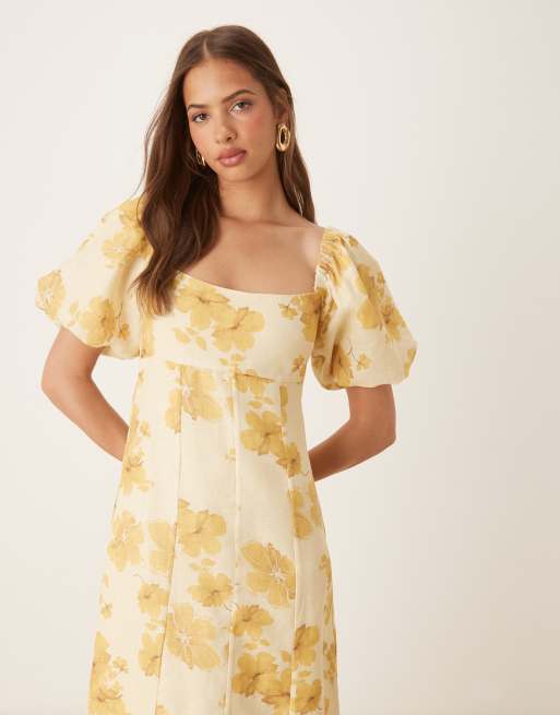 Pretty Lavish – Bette – Midaxi-Kleid in Gelb mit Blumenmuster und Puffärmeln, 2 von 4