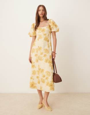 Pretty Lavish Bette printed puff sleeve midaxi dress in yellow floral - view 1