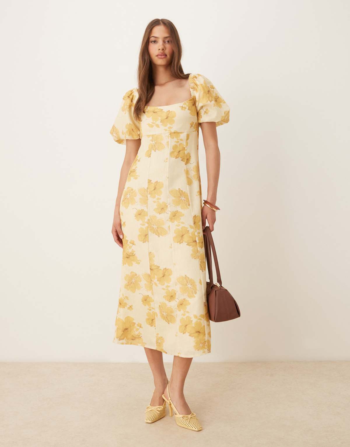 Pretty Lavish Bette printed puff sleeve midaxi dress in yellow floral
