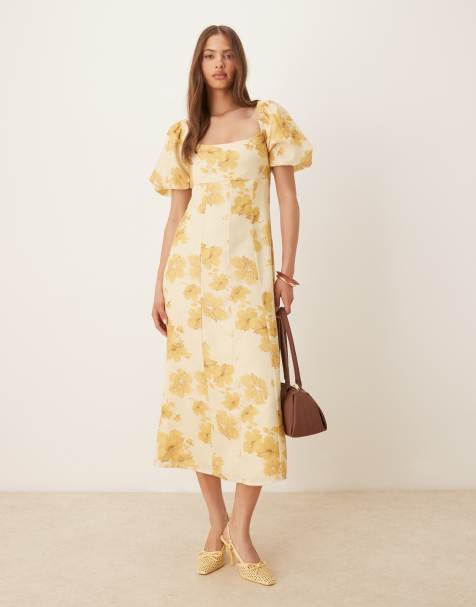 Pretty Lavish - Bette - Robe longueur mollet à imprimé fleuri et manches bouffantes - Jaune - view 1