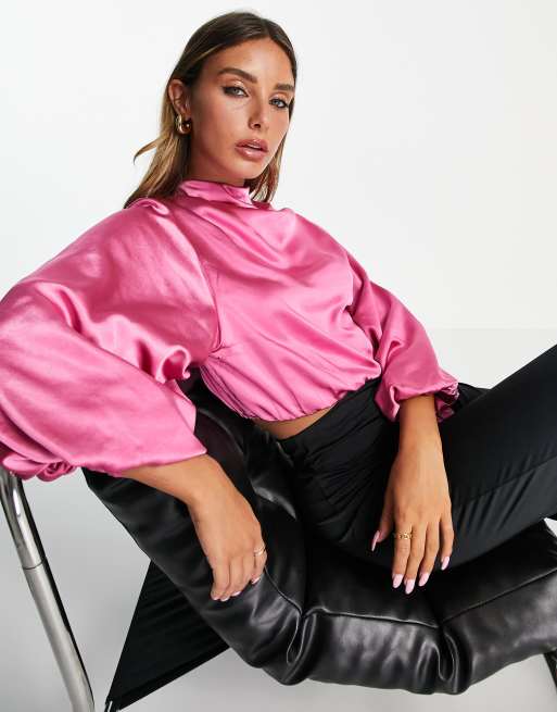 Pretty Lavish - Blusa corta con maniche a palloncino rosa millennial in coordinato