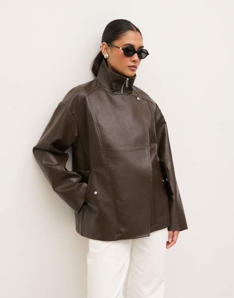 Pretty Lavish bomber in pelle sintetica con collo a imbuto, color cioccolato - view 1