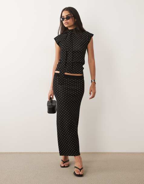 Pretty Lavish – Bonnie – Maxi-Strickrock in Schwarz mit Meerjungfrauensaum und Polka Dots, Kombiteil - view 1