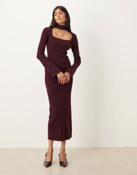 Pretty Lavish - Bordeaux strikket midaxi-kjole med firkantet hals og choker-halsbånd - view 1