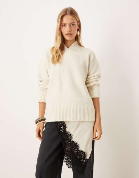 Pretty Lavish boucle high V-neck sweater in cream - view 1