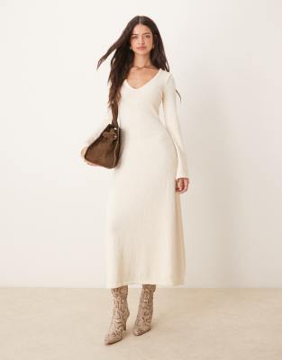 boucle knit midaxi dress in cream-White