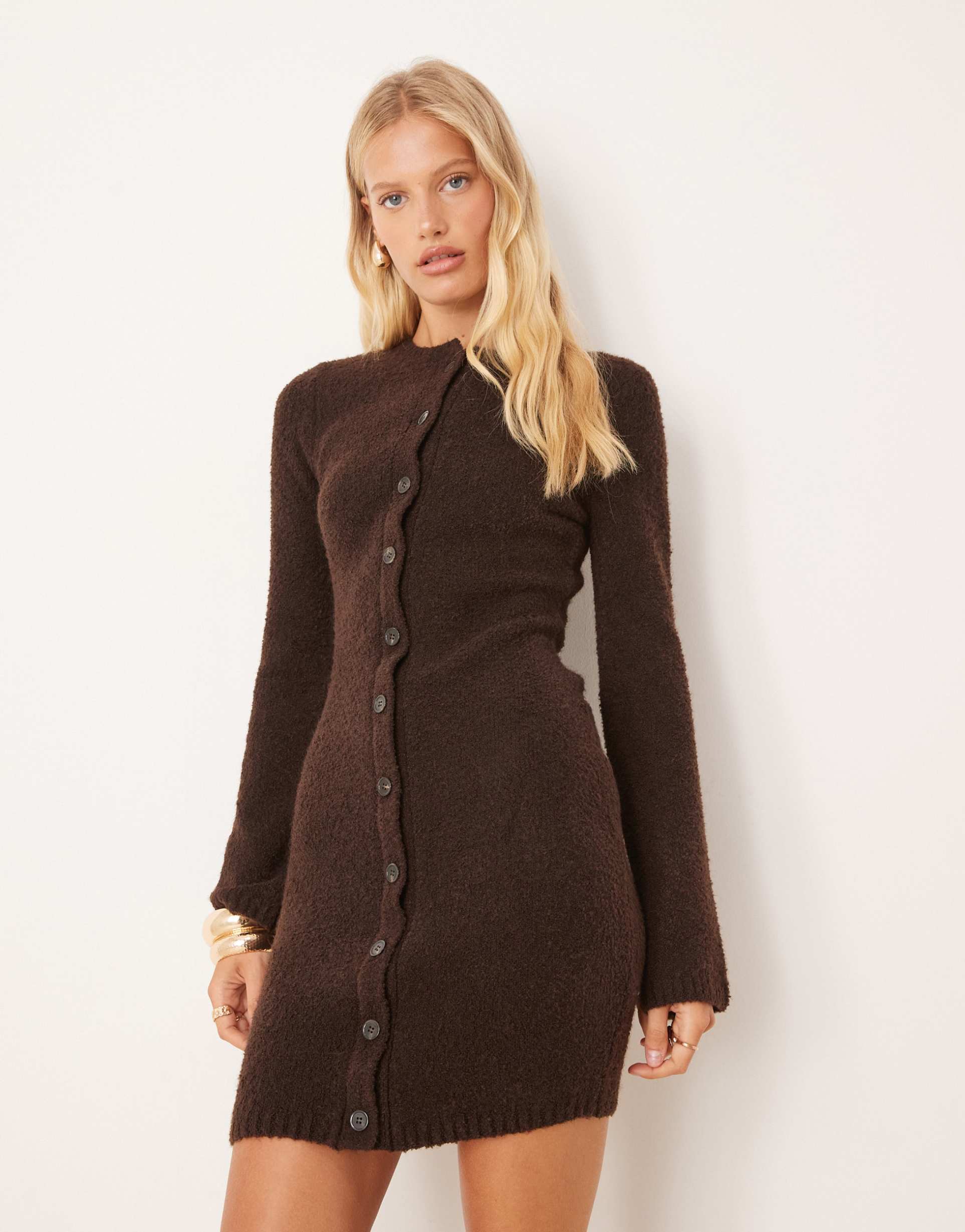 pretty lavish boucle knit mini dress in brown