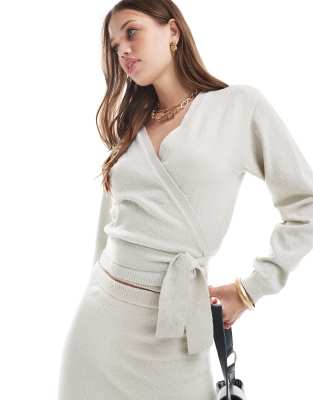 boucle knit wrap top in stone - part of a set-Neutral