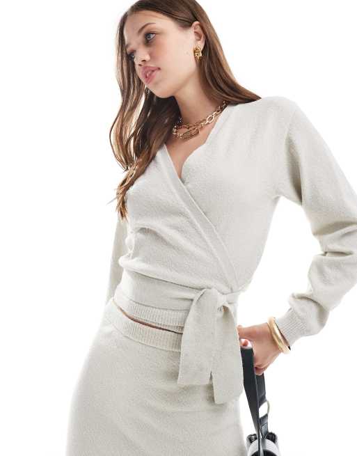 Pretty Lavish boucle knit wrap top in stone - part of a set