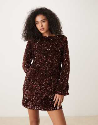 Pretty Lavish Pretty Lavish bow sequin mini dress in chocolate-Brown