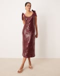 [Pretty Lavish] Pretty Lavish bow shoulder embellished midaxi dress in plum floral sequin-Red 8 WINE SEQUIN