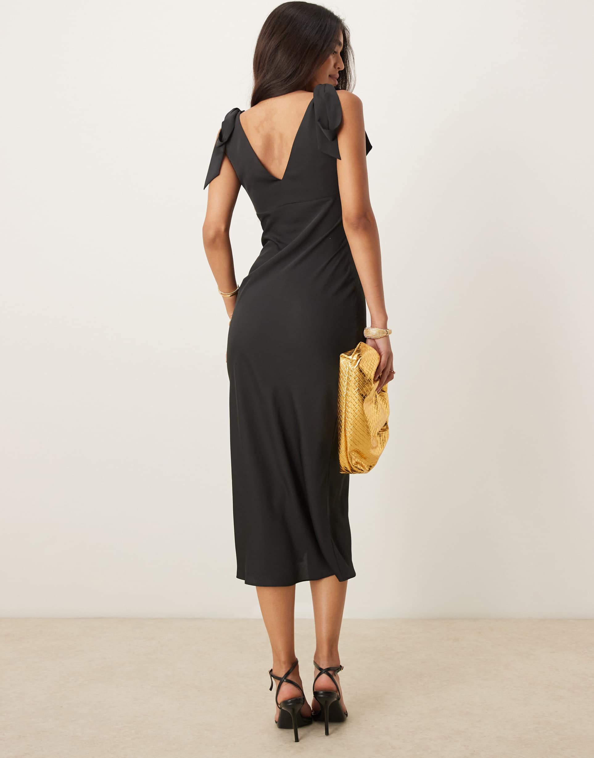 pretty lavish bow shoulder satin midaxi dress in black