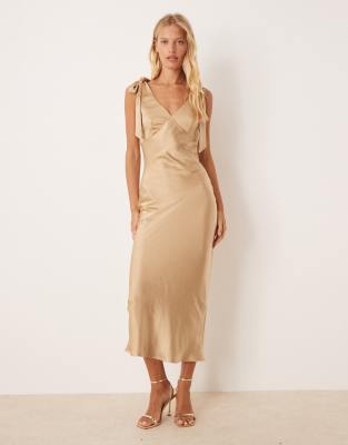Pretty Lavish Pretty Lavish bow shoulder satin midaxi dress in gold