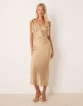 [Pretty Lavish] Pretty Lavish bow shoulder satin midaxi dress in gold 16 GOLD