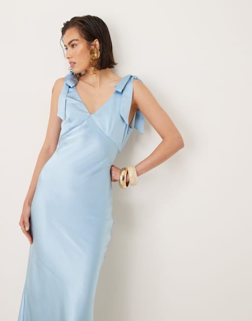 Pretty Lavish bow shoulder satin midaxi dress in sky blue, 4 of 4