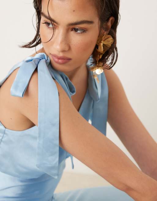 Pretty Lavish bow shoulders satin midaxi dress in sky blue
